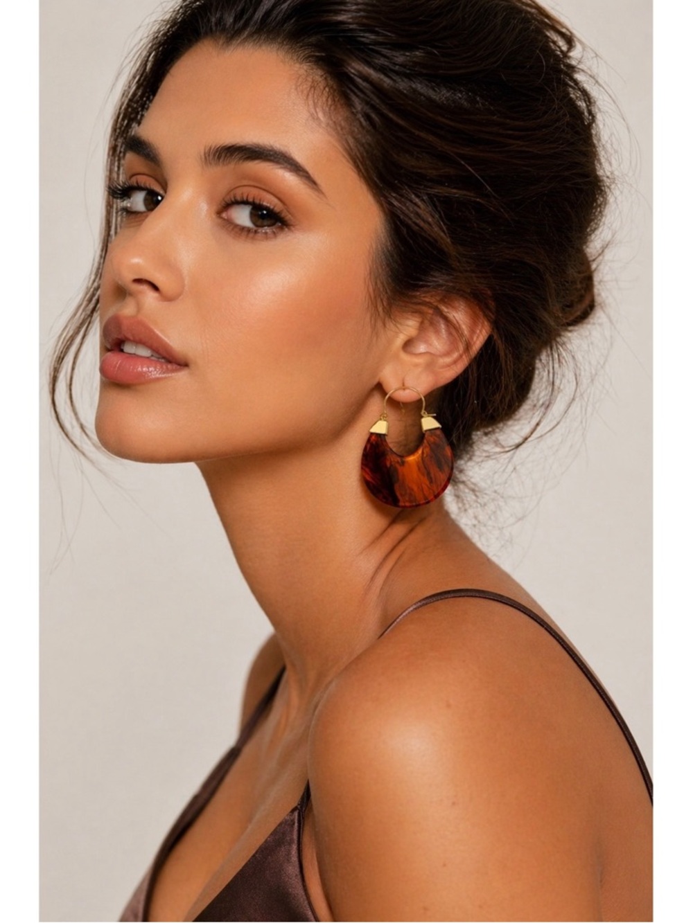 Stylish Tortoiseshell Amber Resin Hoop 14K Gold Plated Brown Earrings